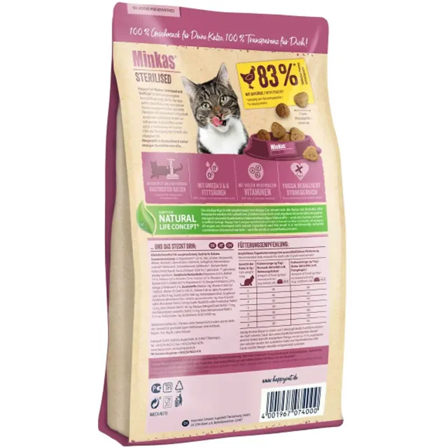 Happy Cat Minkas Sterilised 10kg غذای کامل گربه با فرمول متعادل برای کنترل وزن و سلامت دستگاه ادراری