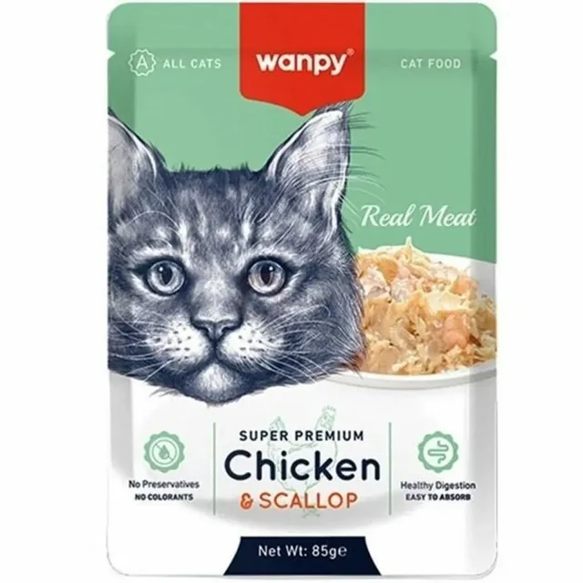 غذای تر گربه ونپی سوپر پریمیوم با طعم مرغ و اسکالوپ 85 گرم مناسب تغذیه روزانه گربه‌ها