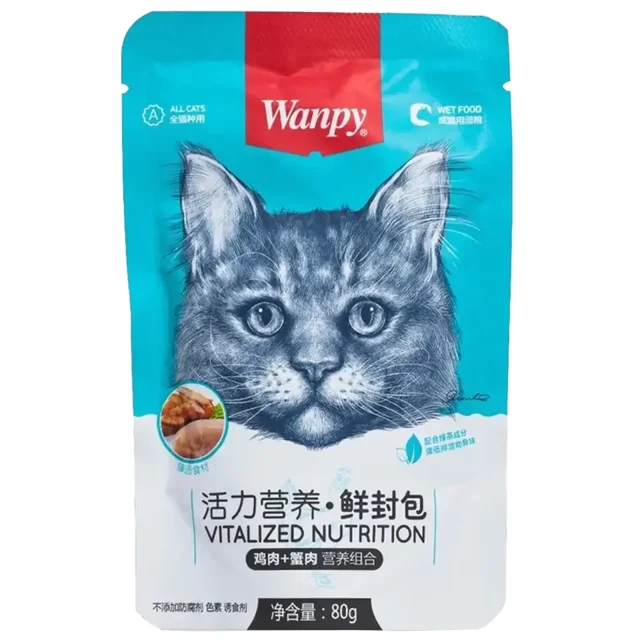 پوچ گربه ونپی با طعم مرغ و خرچنگ 80 گرم مناسب تغذیه روزانه و تأمین رطوبت بدن گربه‌ها